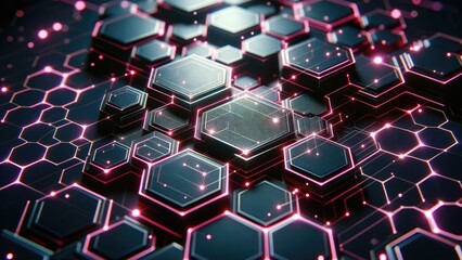 Wall Mural - a close-up of a futuristic digital network with interconnected hexagonal shapes glowing in neon blue