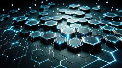 Wall Mural - a close-up of a futuristic digital network with interconnected hexagonal shapes glowing in neon blue