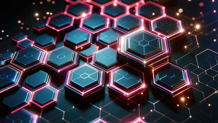 Wall Mural - a close-up of a futuristic digital network with interconnected hexagonal shapes glowing in neon blue