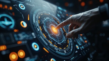 A person interacts with a futuristic holographic interface, touching a complex digital control panel with glowing elements and intricate design.