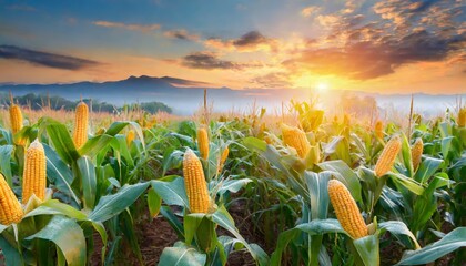 Wall Mural - corn cobs in corn plantation field with sunrise background