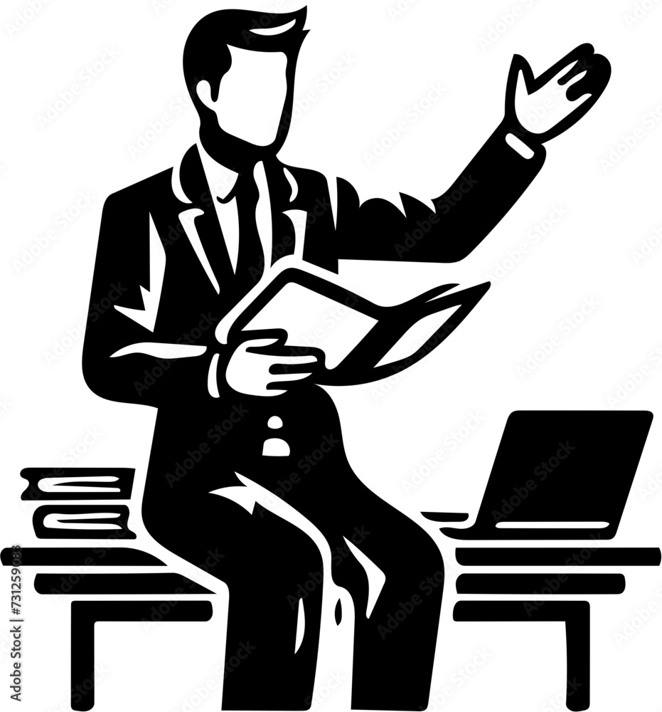 Vector illustration of a teacher teaching a class of students, black ...