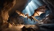 a tiny ferocious dragon flying in a vast dark cave