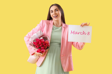 Sticker - Young woman with card for International Women's Day and tulips on yellow background