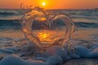 powerful sea wave generates multiple splashes, crafting a delicate, transparent water sculpture in the shape of a heart. Within its form, the first rays of dawn dance and refract