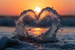 As a large sea wave crashes, myriad splashes converge to form a transparent water sculpture resembling a heart, refracting the golden rays of the rising sun within its fluid embrace