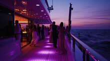 Luxurious Yacht Party At Dusk, Elegantly Dressed Guests, Sparkling Ocean Backdrop, Live DJ, And A Dance Floor