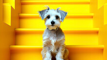 Animal Outdoor, A Little Dog Sitting On The Stair.