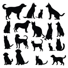 Poster - vector illustration showcasing diverse silhouettes of dogs and cats in various poses against a white