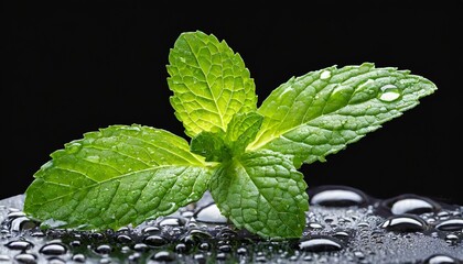 Wall Mural - mint leaf with waterdrops isolated on transparent background