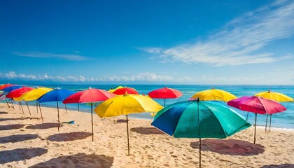 Wall Mural - colorful umbrellas pattern on a sandy beach with a bright summer blue sky vacation getaway background