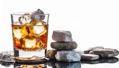 Wall Mural - whiskey on the rocks isolated on white background