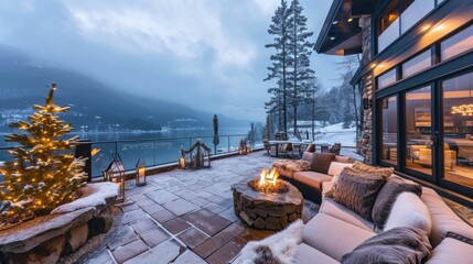 Wall Mural - Wide angle view of a large outdoor patio with fireplace with rock pavers. beautiful blue lake and huge mountain with snow on background.