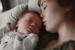 A peaceful moment captured as a woman gently cradles a sleeping newborn, their skin touching in comforting slumber while a toddler naps nearby, creating a beautiful portrait of motherhood