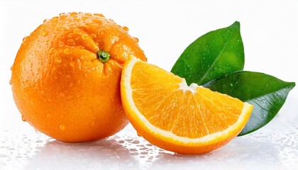 Wall Mural - orange fruit isolate wet orange fruit with drops whole orang with slice and leaf on white background full depth of field