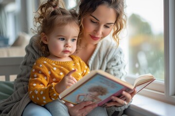 A young girl and her toddler brother sit together, lost in the pages of a book, their human faces illuminated by the soft light pouring in through the window