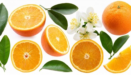 Wall Mural - collection of cut orange fruits leaves and flowers cut out