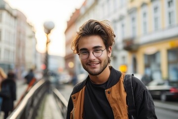 Poster - A stylish man confidently beams amidst the bustling city streets, his sharp glasses and trendy jacket complementing his charming smile