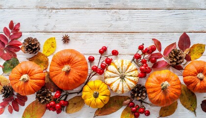 Wall Mural - festive autumn decor from pumpkins berries and leaves on a white wooden background concept of thanksgiving day or halloween flat lay autumn composition with copy space