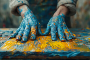 Sticker - A photograph of an artist's hands at work, covered in paint, expressing the authenticity of the creative process. Concept of genuine artistic expression. Generative Ai.