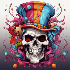 Wall Mural - Clown skull wearing mafia hat illustration.