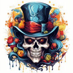 Wall Mural - Clown skull wearing mafia hat illustration.