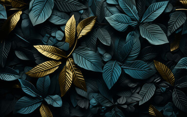 Wall Mural - blue leaves on a black background.