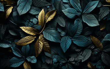 Poster - blue leaves on a black background.