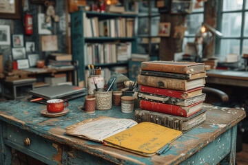 Wall Mural - A photograph of a writer's messy desk scattered with notebooks and pens, revealing the authenticity of the creative chaos behind the written word. Concept of genuine literary creation. Generative Ai.