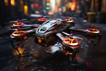 Wall Mural - a futuristic small drone showing off neon lights.