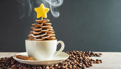 Wall Mural - christmas tree made of steaming coffee or hot drink with yellow star cookie winter holiday concept minimal new year background