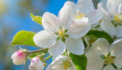 Wall Mural - apple tree blossom close up white apple flower on natural blue background