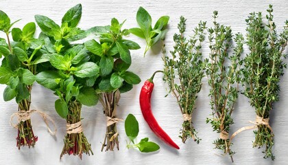 Wall Mural - collection of fresh herb leaves thyme and peper spices herbs on a white table png food background design element with real transparent shadow on transparent background