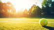 Tennis ball and racket on the grass court with sunshine.