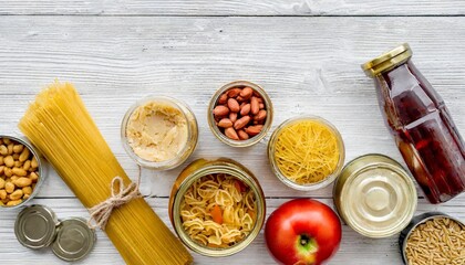 Wall Mural - food donations such as pasta rice oil peanut butter canned food jam and other on white wooden table top view with copy space