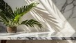 luxury marble table with plant shadow on white wall for product placement display modern minimal design with trendy neutral aesthetic for beauty and cosmetics scene summer tropical background