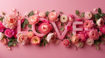 Canvas Print - LOVE text written with many colorful small and big flowers. Blooming Expressions: Love Blossoming on a Rosy Canvas