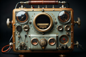 retro hybrid of a mechanical and analog device for industrial and scientific research and measurements, close-up of the object, the concept of tube electronics in the style of steampunk