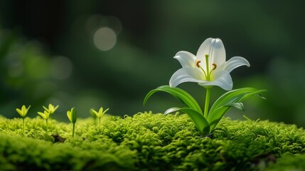 Canvas Print - A pristine white lily emerging from a bed of emerald moss