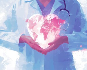  Abstract Art of Hands Cradling a Heart-Shaped Pink World with Stethoscope