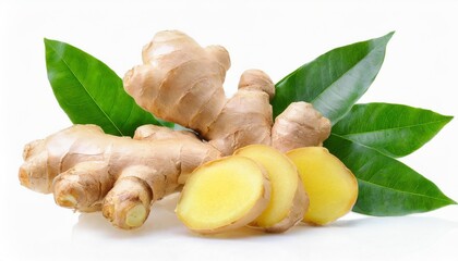 ginger with leaves isolated on white background