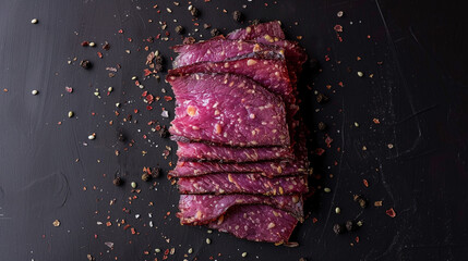 Wall Mural - a stack of beef strips on a black surface