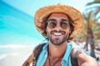 A man exudes effortless style as he smiles in his sun hat and sunglasses, the palm trees and blue sky creating a beachy backdrop for his fashionable outdoor look