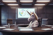 © J S - Unicorn as a symbol of successful startup business, dressed as businessman in white suit, in modern office meeting room, screen on wall