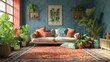 Boho Bliss: Vibrant patterns, lush greenery, and eclectic decor infuse this modern bohemian living space