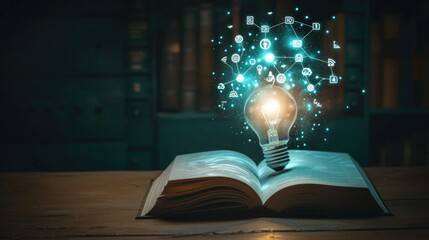 Glowing light bulb and book or text book with futuristic icons Self-learning or