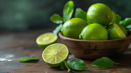 Wall Mural - fresh limes on a black wooden background, closeup