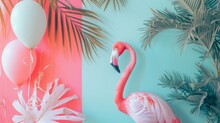 A Vibrant Flamingo Standing Among Lush Tropical Foliage And Pastel Balloons On A Pink And Turquoise Background.
