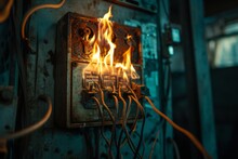 An Old And Rusty Electrical Fuse Box Caught In A Dangerous Blaze, With Flames Consuming The Wiring And Switches.