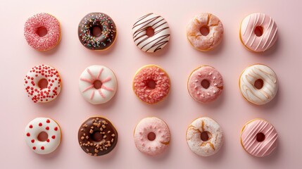 Various decorated donuts arranged neatly on a soft pink surface, ideal for sweet treat concepts.